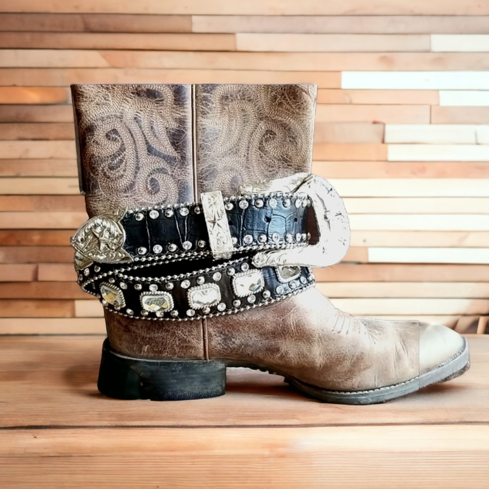 Genuine Leather Southwestern Interchangeable Buckle Rhinestone Silvertone - Picture 6 of 14
